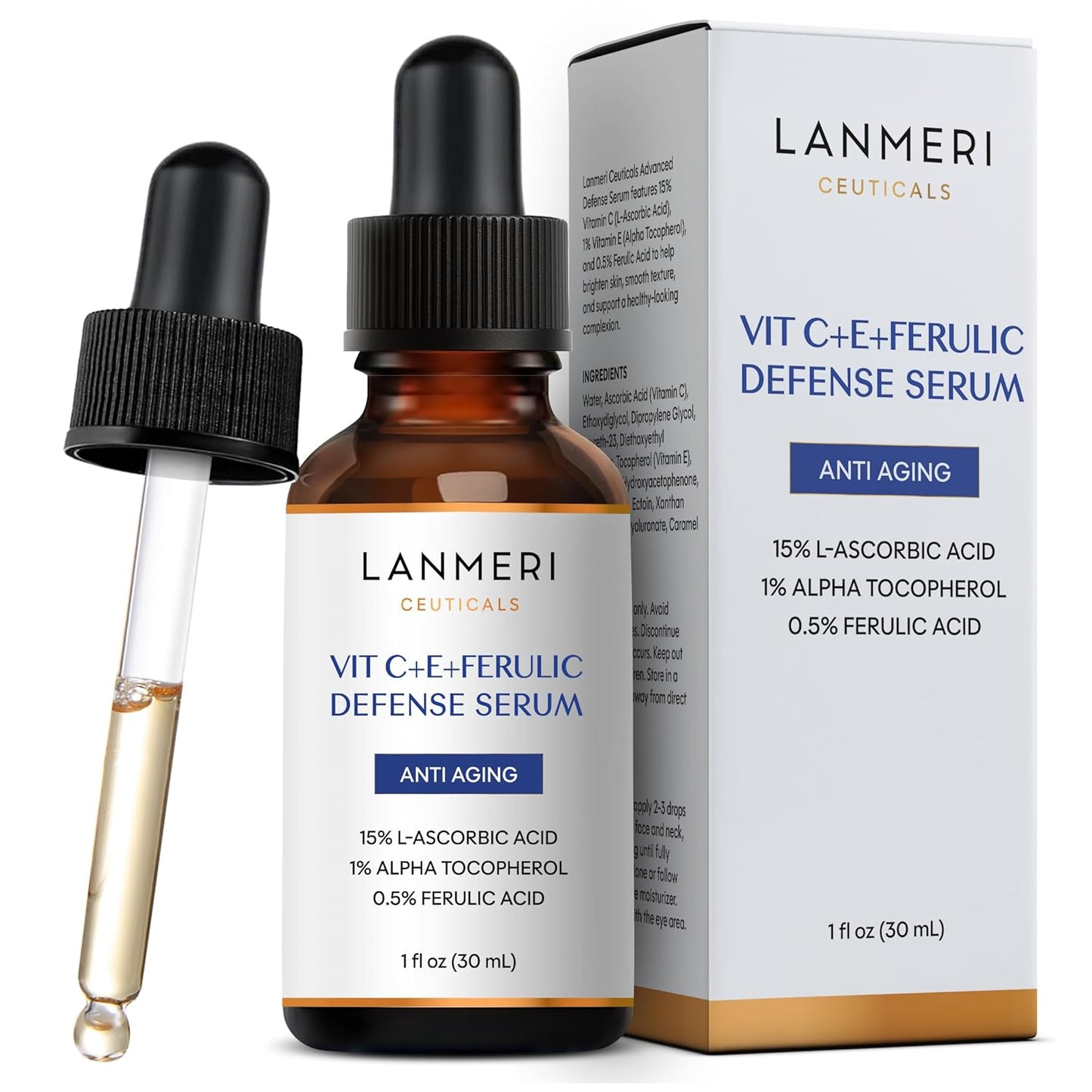 Lanmeri Ceuticals Vitamin C Serum - 15% Antioxidant Defense with Vitamin E & Ferulic Acid | 1 fl oz