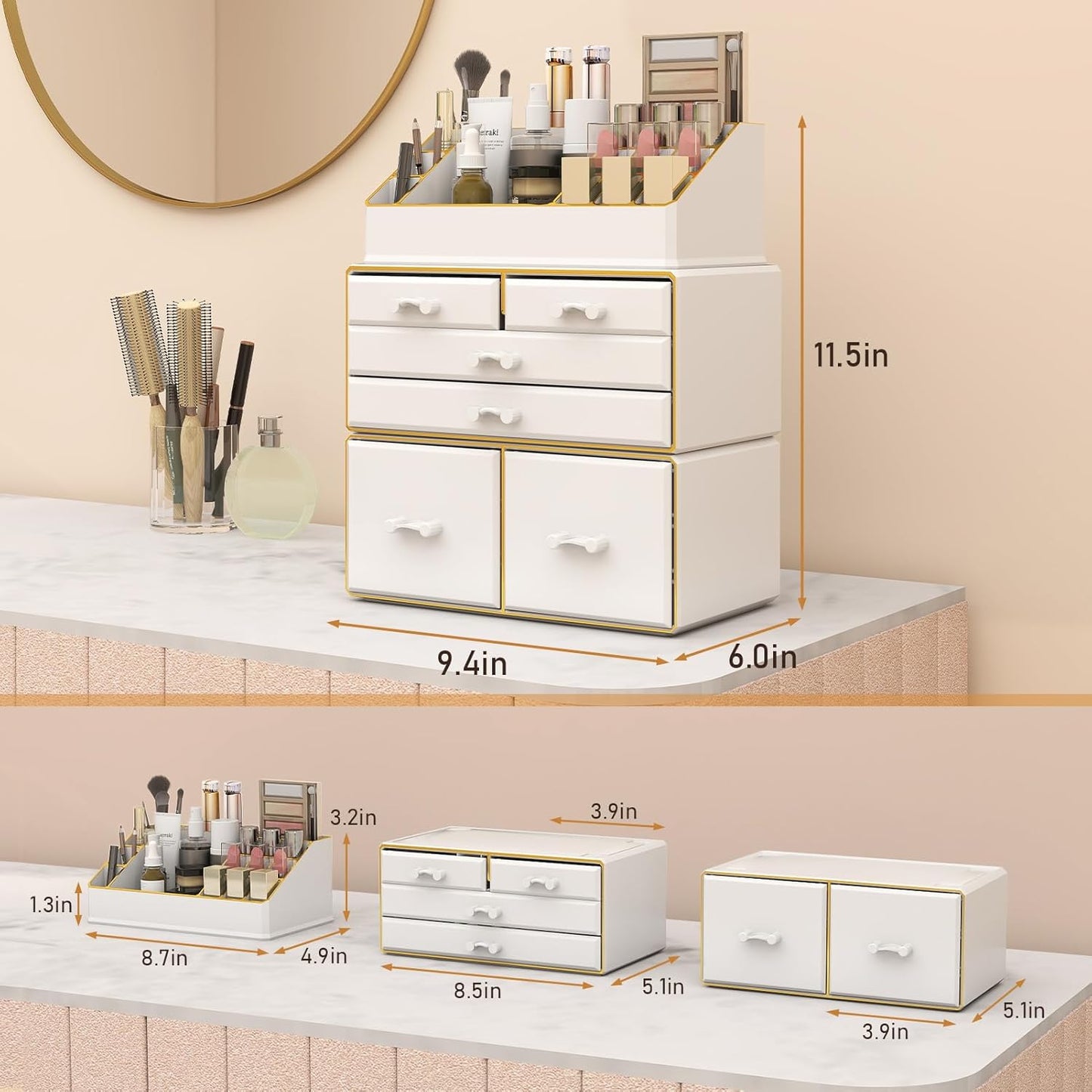3-Tier 6-Drawer Makeup Organizer - Stylish Countertop Cosmetic Storage for Dresser & Vanity | White with Gold Edges