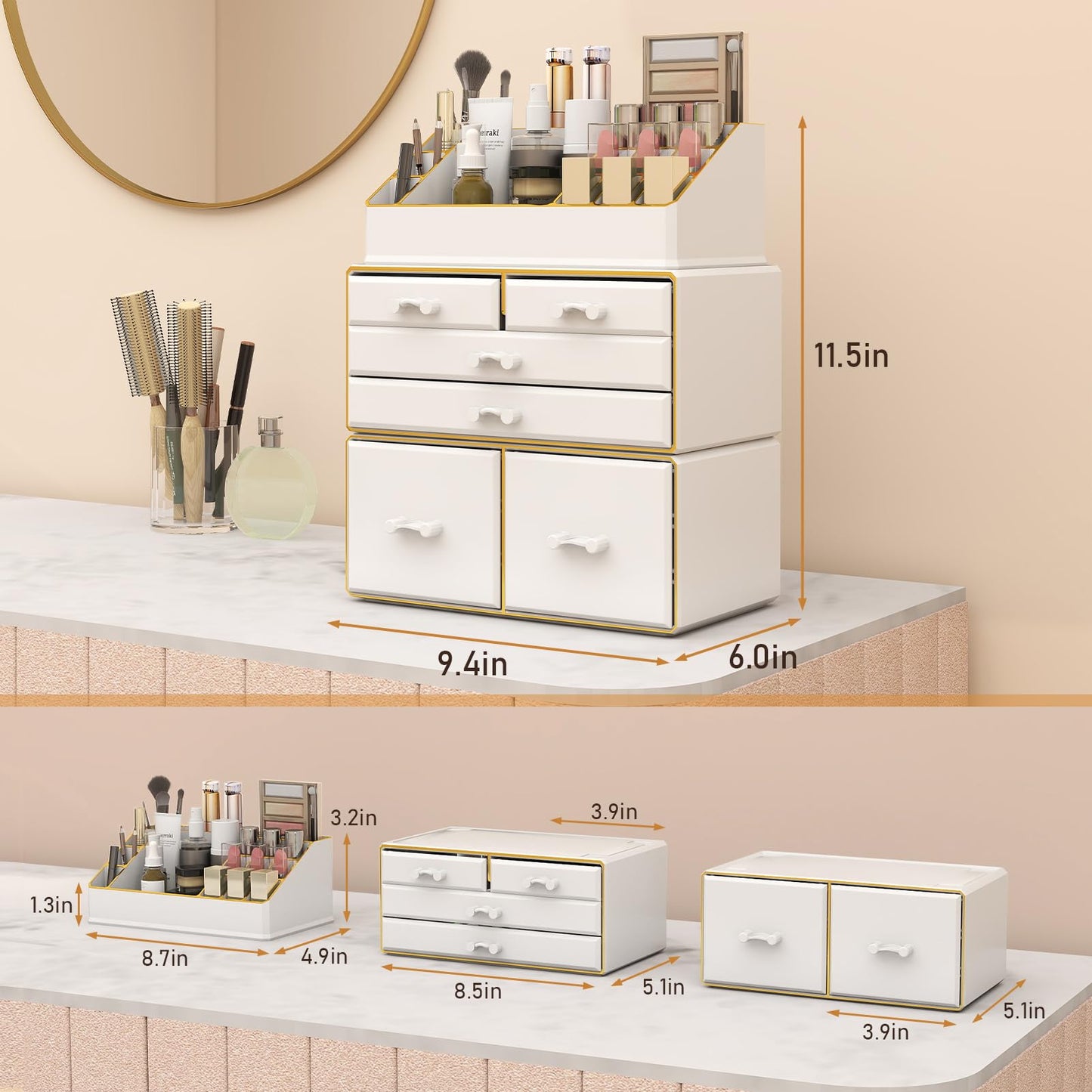 Delamu 3-Tier 6-Drawer Makeup Organizer Countertop Cosmetic Organizer for Dresser and Vanity Bathroom Organizers and Storage for Lipstick Brush Skincare Perfume, Nail Polish, White with Gold Edges