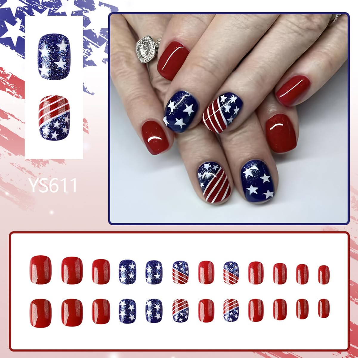 4th of July Press on Nails Short Square Fake Nails Patriotic Nails Press ons with American Flag Stars & Stripes Design,Reusable Artificial Nails,24Pcs Nail Kit for Women Independence Day Manicure