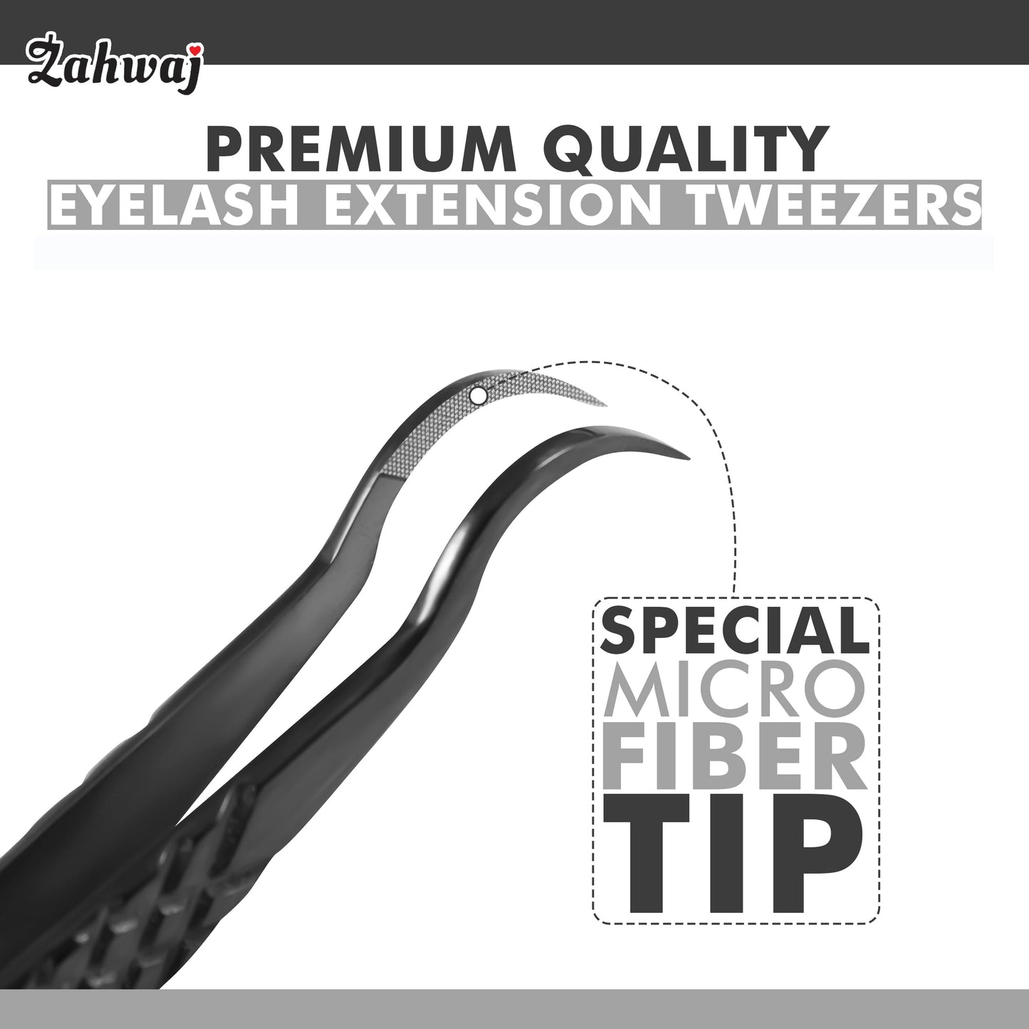 ZAHWAJ Fiber Tip Lash Tweezers - Set of 5 Diamond Grip Eyelash Extension Tweezers, Japanese Stainless Steel Tweezers Set for Volume, Isolation & Classic Lashes (Black)