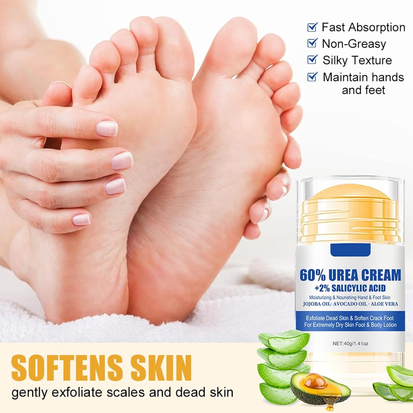 Urea Hydrating Foot Cream - 60% Moisturizing Formula for Cracked Feet & Hands | Aloe & Peach Scent, 2pcs