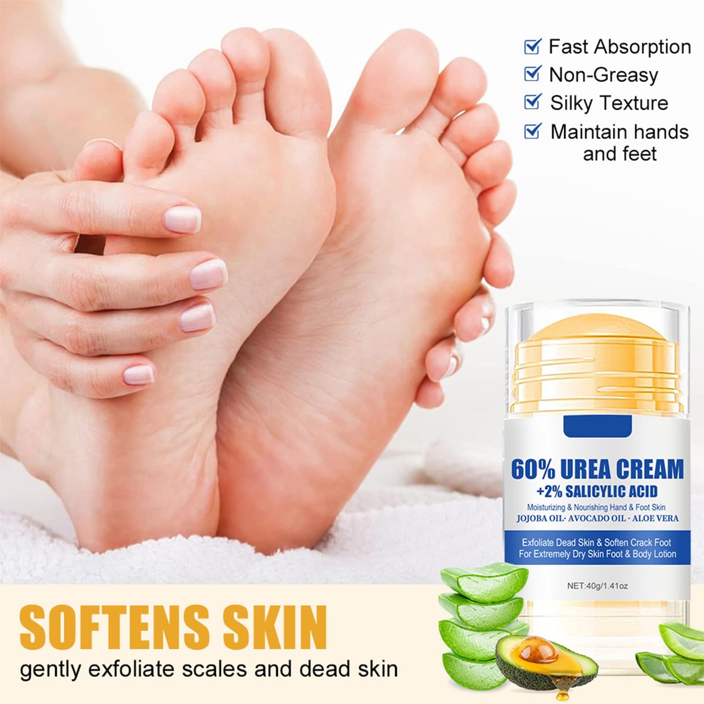HJXUQIME 2pcs 60% Urea Hydrating and Anti-Cracking Foot Cream, Moisturising and Relieves Cracking and Dryness Foot Cream for Dry Cracked Feet And Hands（aloe + peach）