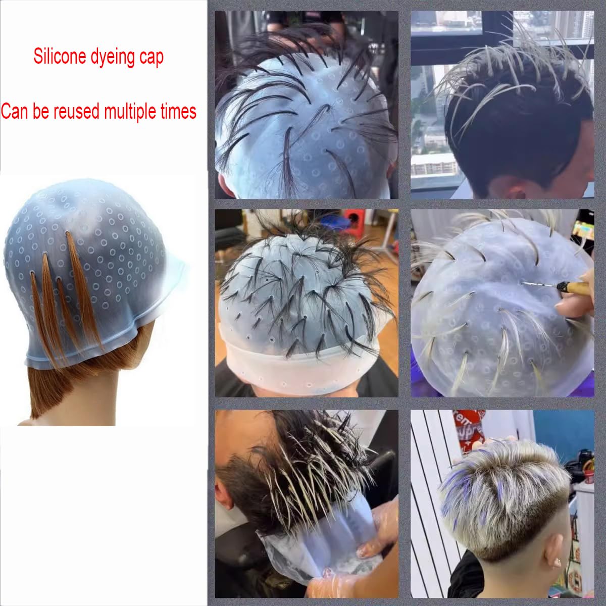 Silicone Highlight Caps for Color Hair 5 Pcs, Reusable Highlighting Caps with Hooks & Salon Hairdressing Dyeing Staining Tools Set for Women Men