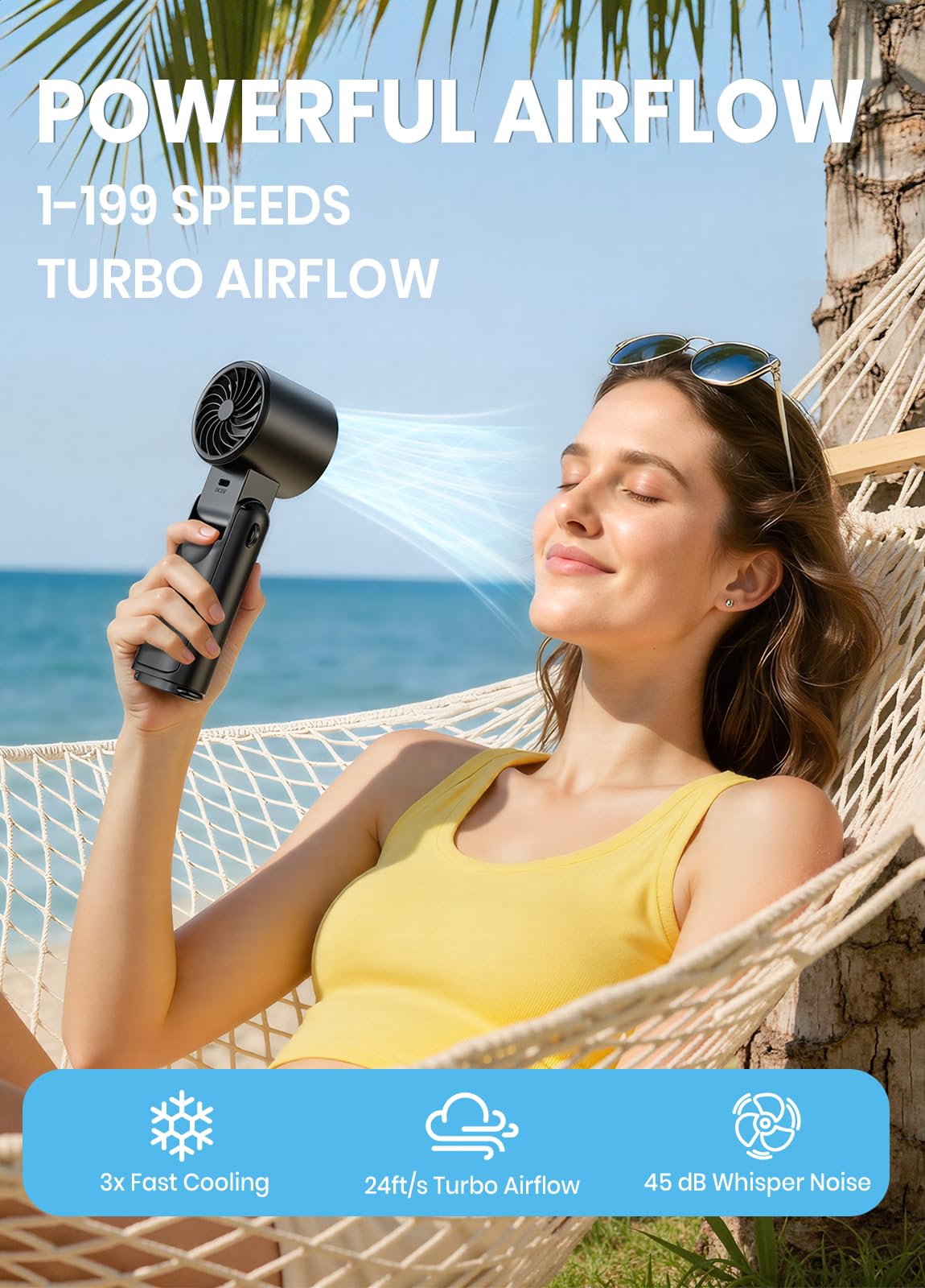 Deyhoc Portable Handheld Turbo Fan, 1-199 Speed Adjustable, Black