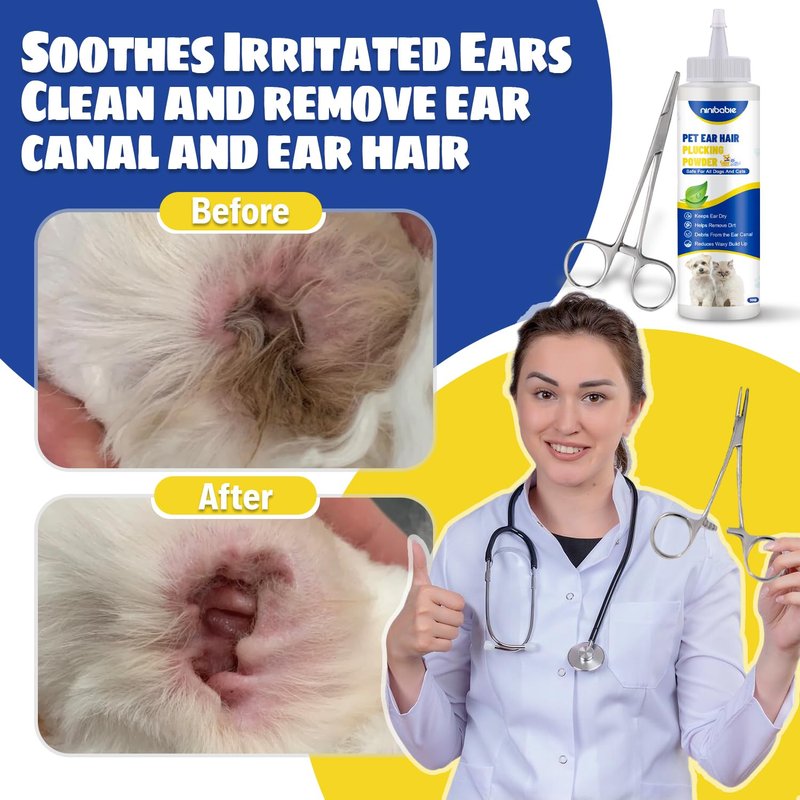 Ninibabie Upgraded Dog Ear Powder with 5.5 Inch Hair Removal Tool, Pet Ear Grooming Cleaner for Wax and Odor Control, Absorbs Moisture & Soothes Ears