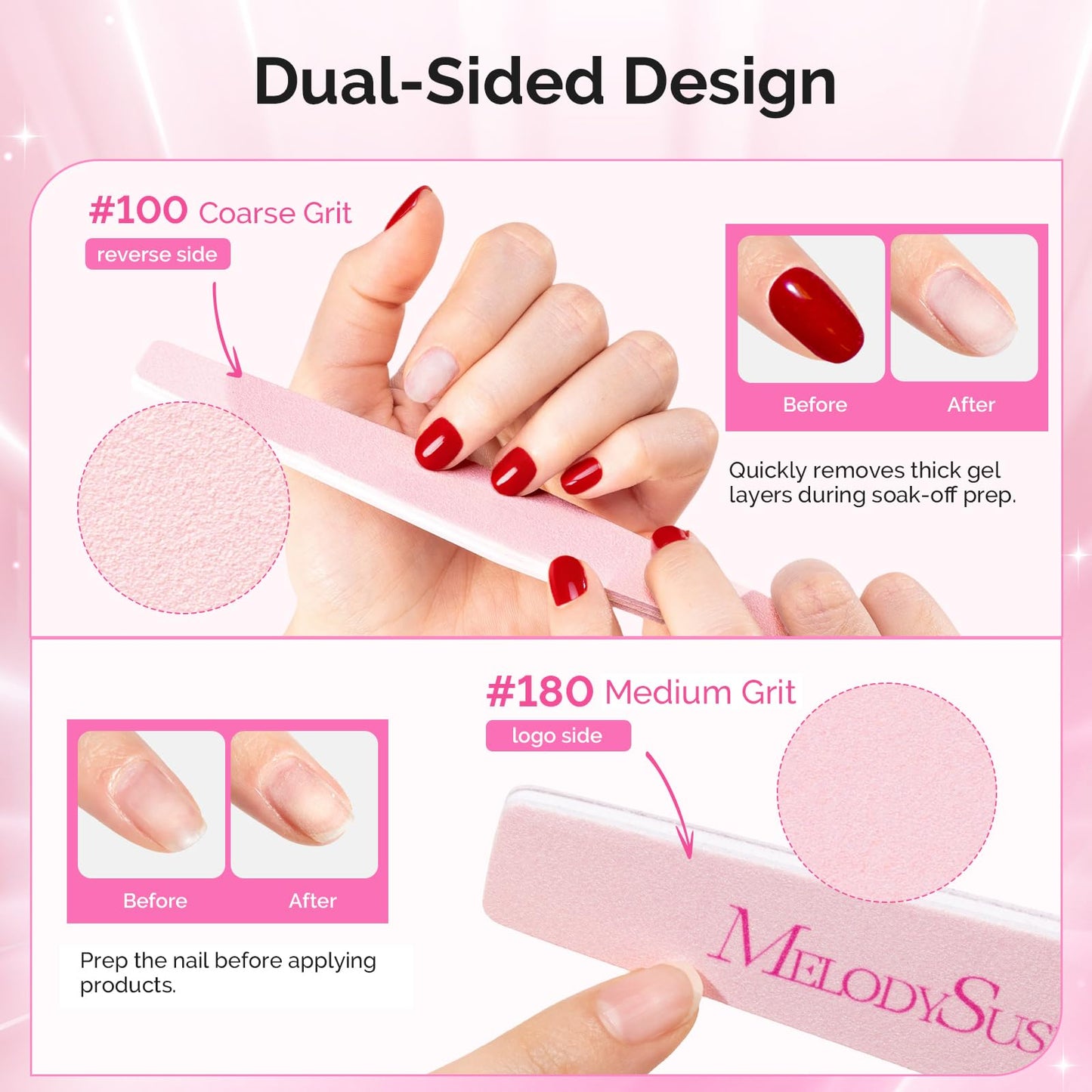 MelodySusie 10Pcs Nail Files 100/180 Grit, Mixed-Shape Double Sided Emery Boards Bulk Pack for Acrylic, Gel and Natural Nails, Professional Manicure Pedicure Shaping Tools for Home Salon, Pink