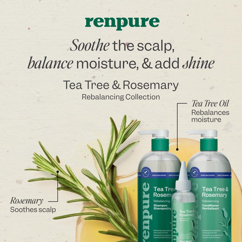Renpure Tea Tree & Rosemary Scalp Serum - Plant-Based Hair Moisturizer for Oily/Normal Hair | 4 Fl Oz