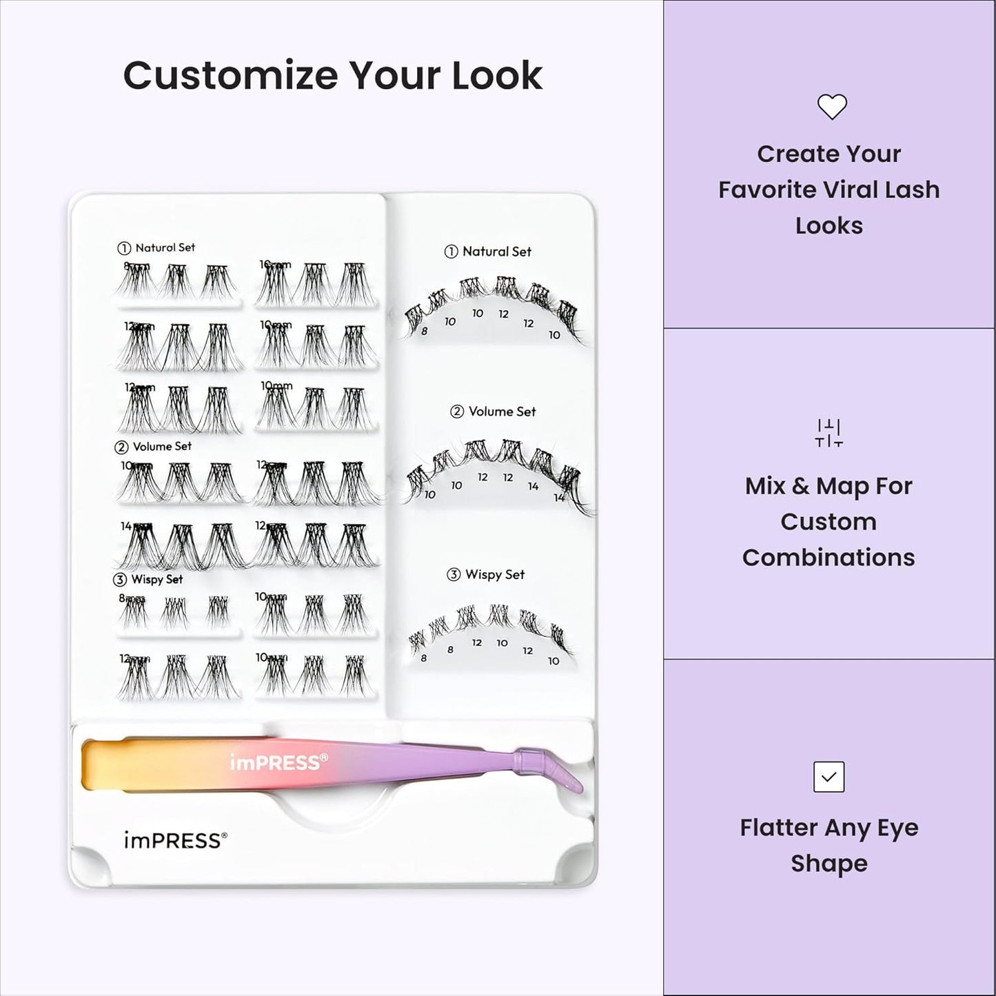 Impress Individual Lash Kit - Pre-Glued Lash Clusters for Natural Volume | 60 Black False Eyelashes