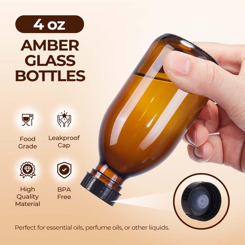 54 Pack 4 oz Amber Boston Glass Bottle with Cap, Empty Glass Bottles for Homemade Vanilla Extract, Essential Oils, Juice, Potion, Syrup, Liquids, Christmas