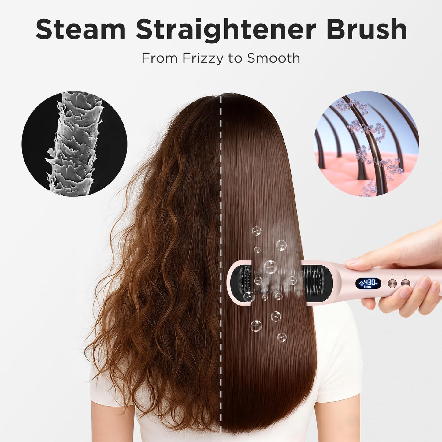 Prizm Pro Steam Hair Straightener Brush - Ionic Steam Straightening Brush for Curly Hair, Anti-Scald Ceramic Straightener Comb with LCD Display for Super Smooth, Frizz Free Hair, 4 Heat Settings, Pink