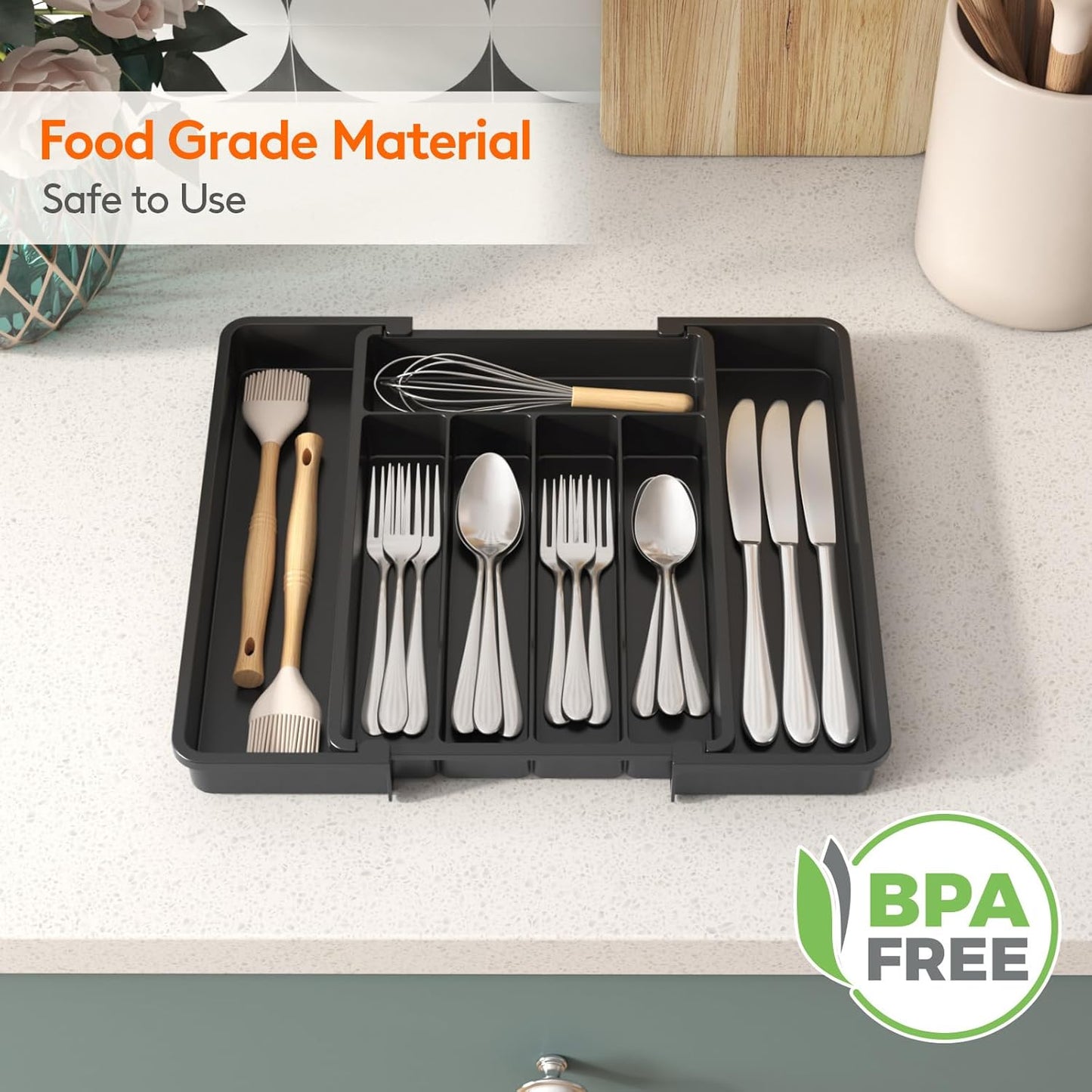 Expandable Silverware Organizer - BPA-Free Plastic Utensil Tray for Kitchen Drawer | Space-Saving Cutlery Holder, Black, 8.5-14 x 12 x 1.5 Inch