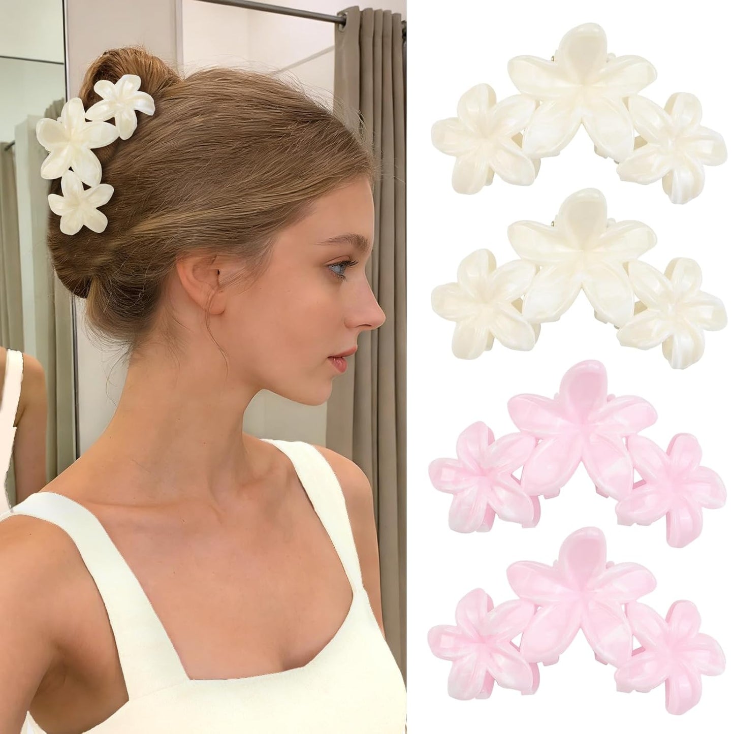 Cute Hawaiian Flower Claw Hair Clips - 4Pcs Large Clips for Thick or Thin Hair | Pink & Red Beach Accessories