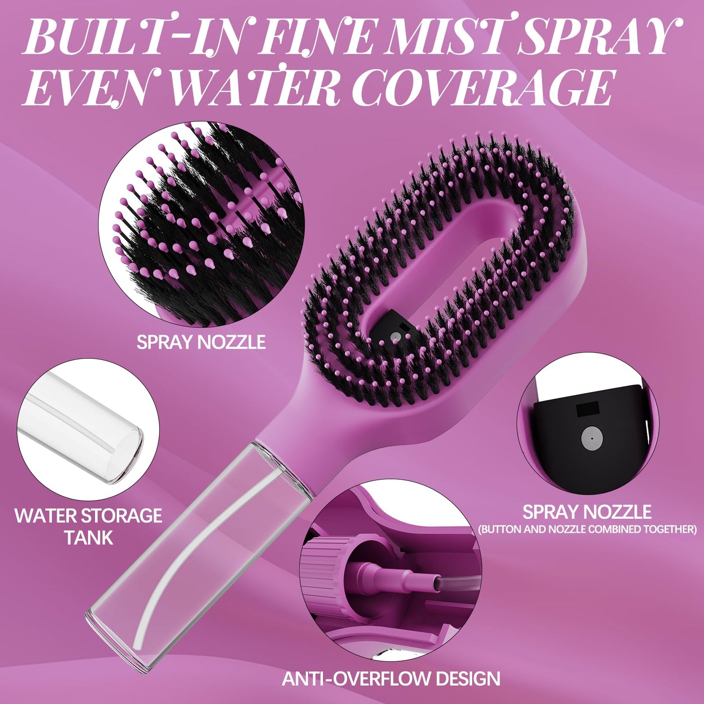 2-in-1 Misting Hair Brush with Built-In Water Spray, Fine Mist Detangling Hairbrush for Curly, Thick & Wavy Hair, Anti-Frizz Wet & Dry Styling Tool with Refillable Reservoir(1, Purple)