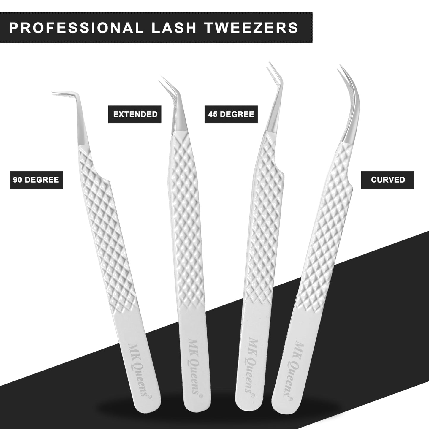 Fiber Tip Lash Tweezers for Eyelash Extensions with Diamond Grip, Set of 4 Precise Tips Japanese Steel for Classic, Volume & Mega Volume Lashes, Ideal Tweezers Set for Lash Artists (4, White)