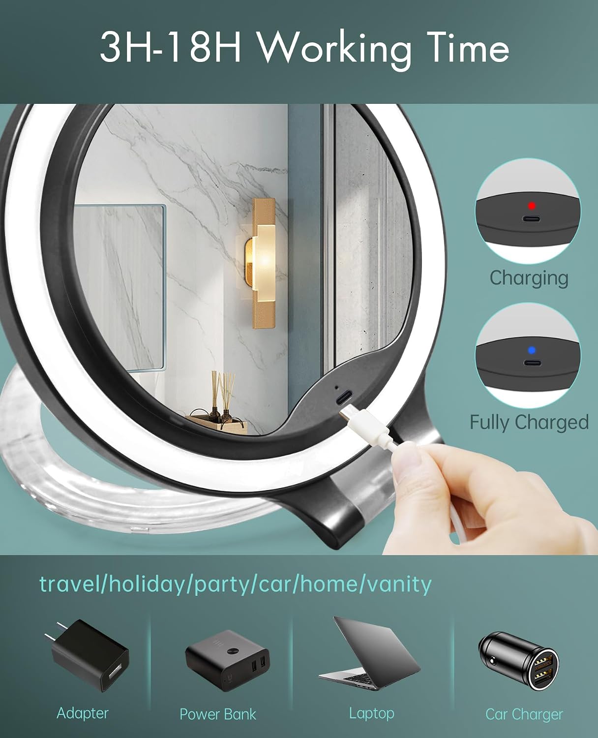 10X 1X Double-Sided Magnifying Makeup Mirror - Rechargeable Lighted with 3 Color Settings | Adjustable Rotation