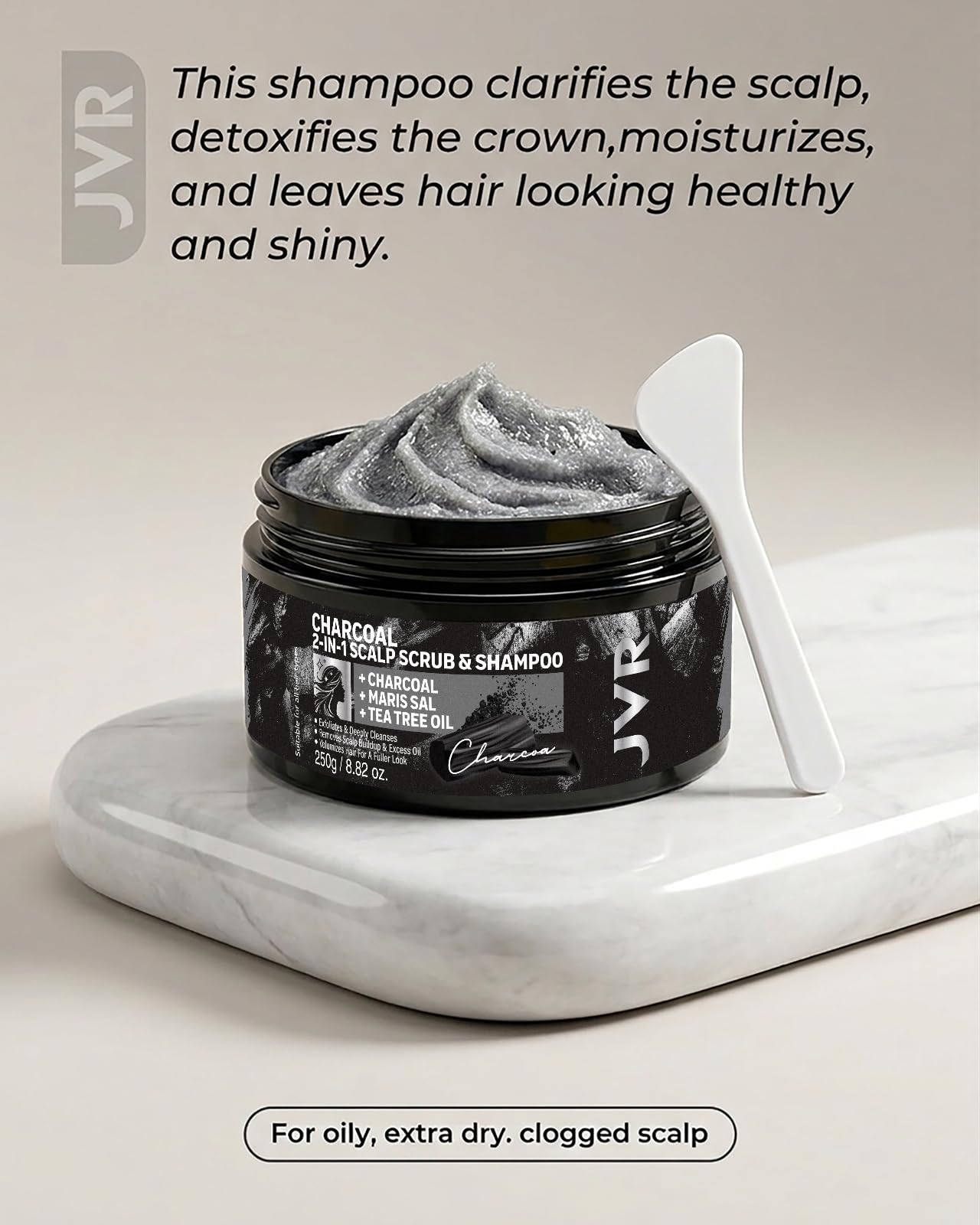 JVR Scalp Scrub Shampoo Charcoal 2-In-1 Scalp Exfoliator to Clarify Build Up, Dexofiy & Purify Cleanser for Shine & Hydration - Sea Salt, Tea Tree Oil, Vegan & Cruelty Free for Dry or Oily Scalp 8.8oz
