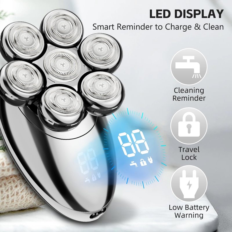 Head Shaver for Bald Men, 7D Electric Rechargeable Wet/Dry Shaving Razor with LED Display, 5-in-1 Grooming Kit Waterproof Bald Head Trimmer, Ideal Gift for Men (Silver)