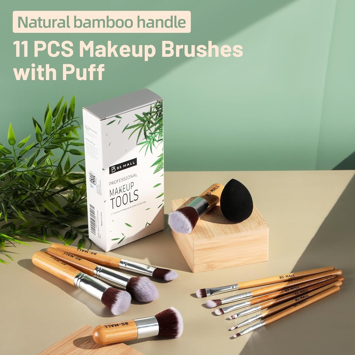 BS-MALL Makeup Brush Set - 11 Pcs Professional Bamboo Brushes for Foundation, Blush & Eyeshadow | Ideal for Travel & Beginners