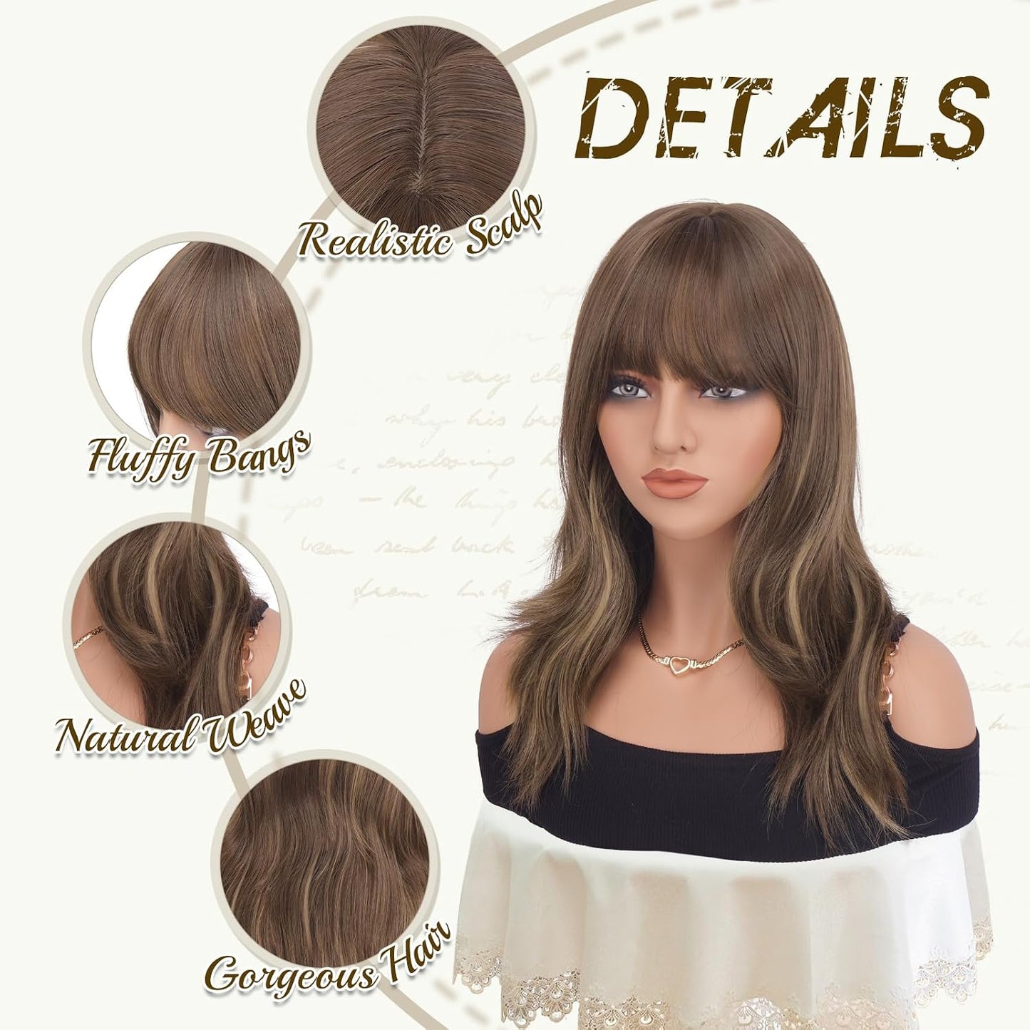 Brown Wigs with Bangs - 19 Inch Natural Wavy Synthetic Heat Resistant Hair for Women | Blonde Mixed Brown