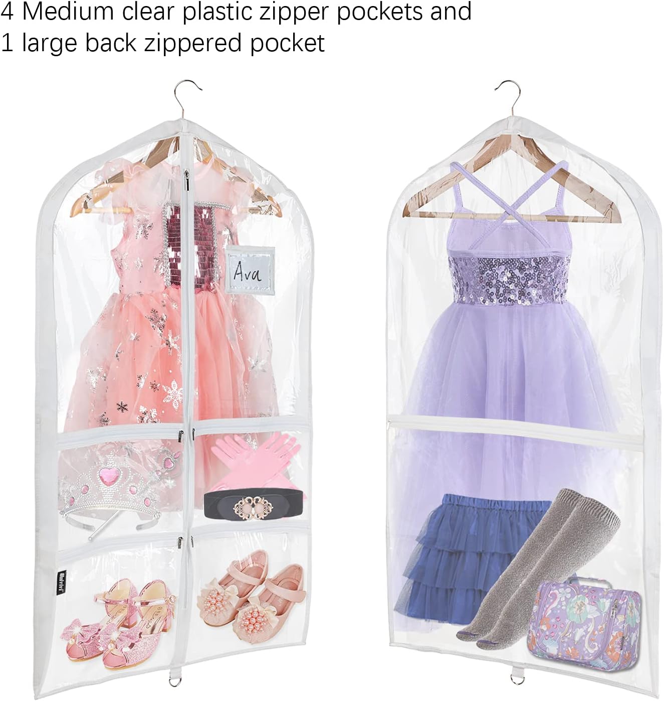 Clear PVC Dance Costume Bags - 40 Inch Garment Bag with 4 Zipper Pockets | 3 Pack for Competitions