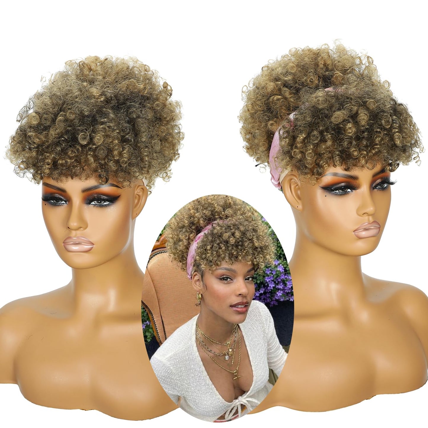 Afro Puff Drawstring Ponytail with Bangs,Short Blonde Kinky Curly Synthetic Blonde Pony Tails Hair Extensions Drawstring Ponytail for Black Women Hair Bun Fluffy Updo for Daily and Party Use 1B/27
