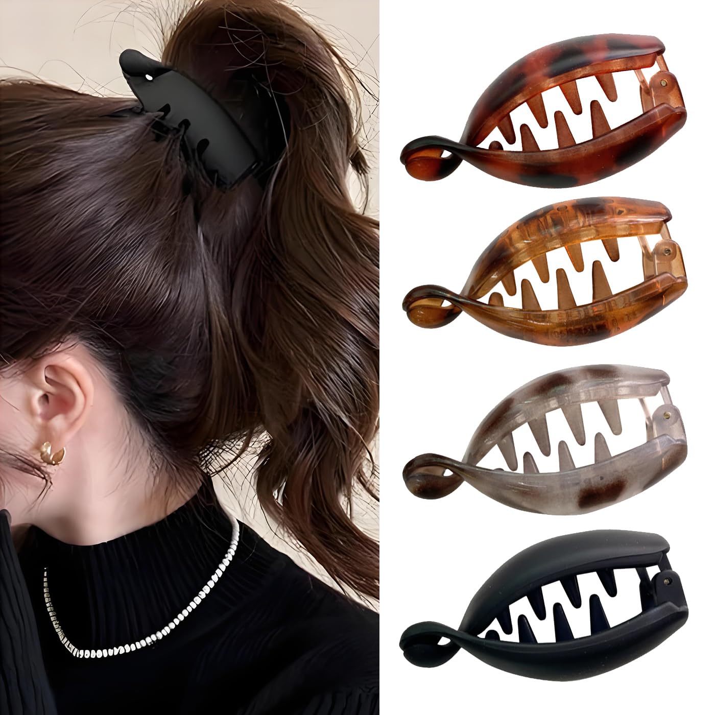 Retro Oval Leopard Print Banana Hair Clips - 4PCS Non-Slip Claw Clips for Ponytails & Buns | Cute Hair Accessories for Thin Hair