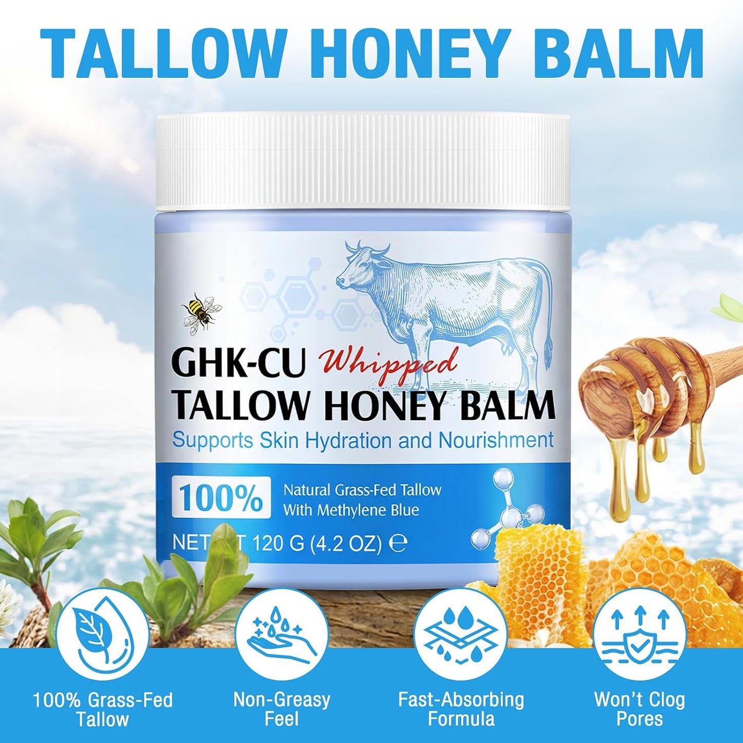 GHK-Cu Copper Peptide Face Cream - Beef Tallow Moisturizer for Dry Skin | 120g