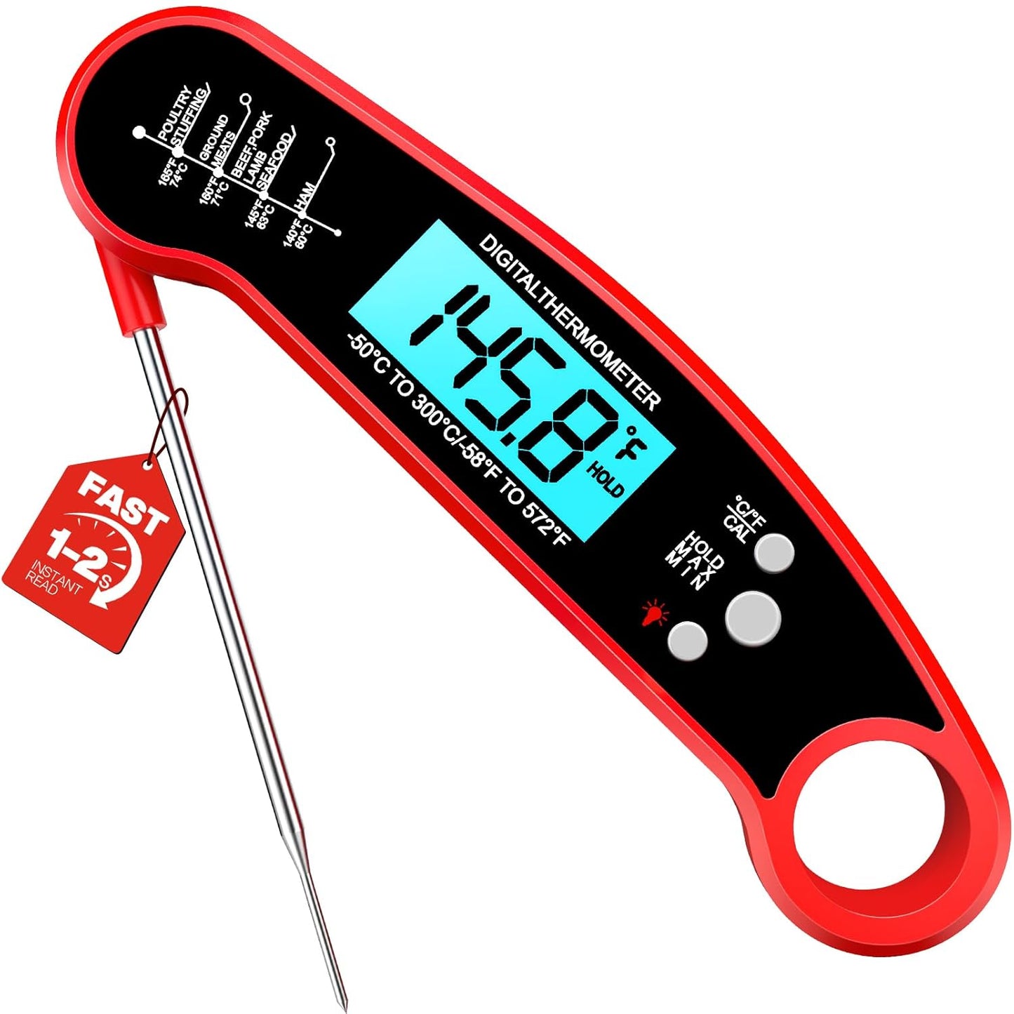 Digital Meat Thermometer - Instant Read Cooking Thermometer for Grilling, BBQ, Air Fryer | Red Color