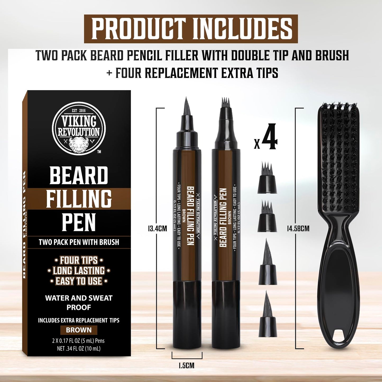 Viking Revolution Beard Pen (2 Pack) - Brown Beard Pencil Filler for Men Lapiz para Barba de Hombre - Beard Filler for Men Waterproof Beard Filling Pen Kit - Long Lasting Beard Filler Pen with Brush