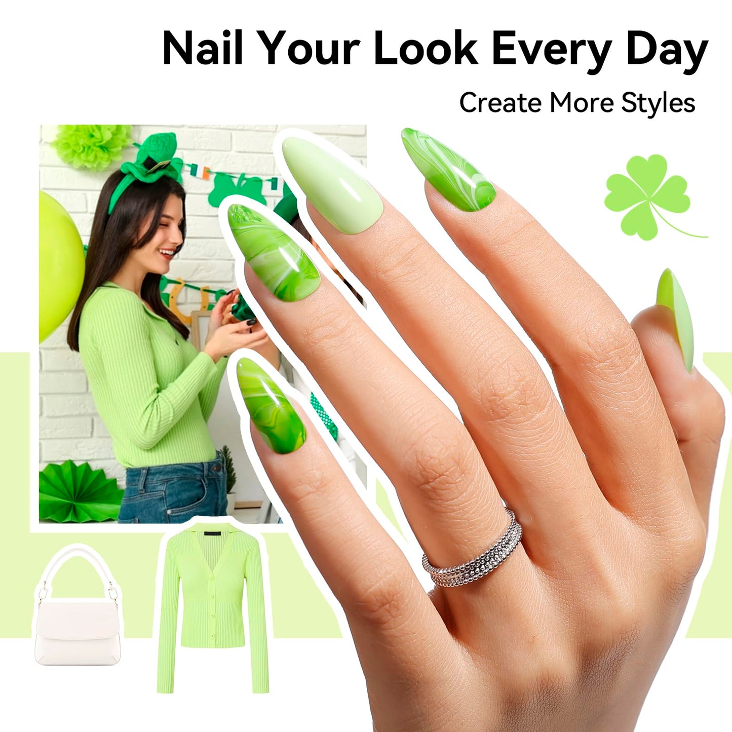Nailshion Green Nail Polish, Spring Summer Olive Teal Natural Green Shade Natural Nail Polishes for Fingernails&Toenails, Quick Dry, Non Gel, Rich in Castor Oil, Nail Art DIY at Home St. Patrick's Day