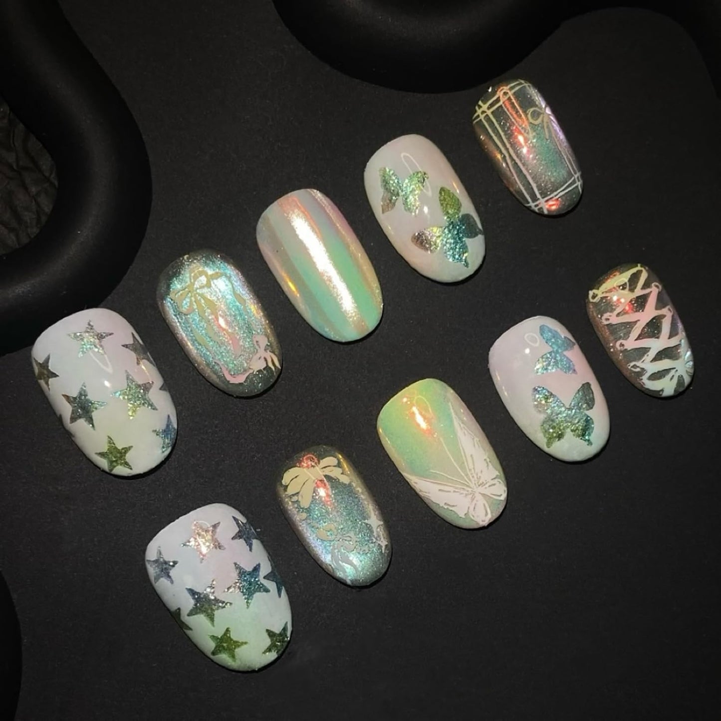 Press On Nails - 24Pcs Medium Almond French Tip with 3D Gold Starfish & Flower Designs | Full Cover Summer Acrylic Nails