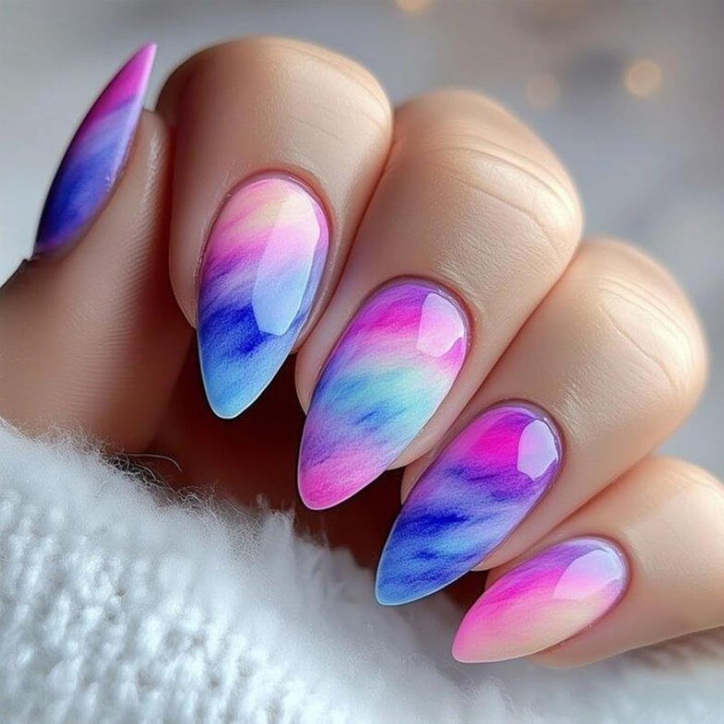 Colorful Gradient Press-On Nails - Medium Almond Summer Sunset | Reusable Glossy Full Cover 24 Pcs with Adhesive Stickers