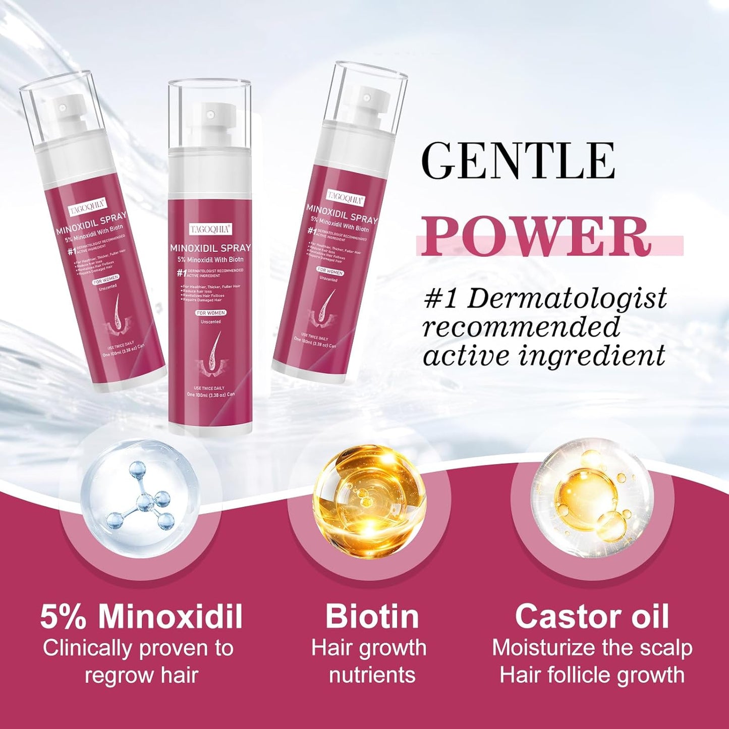 Minoxidil Hair Regrowth Spray for Women - Extra Strength Treatment with Biotin | 3 Bottles