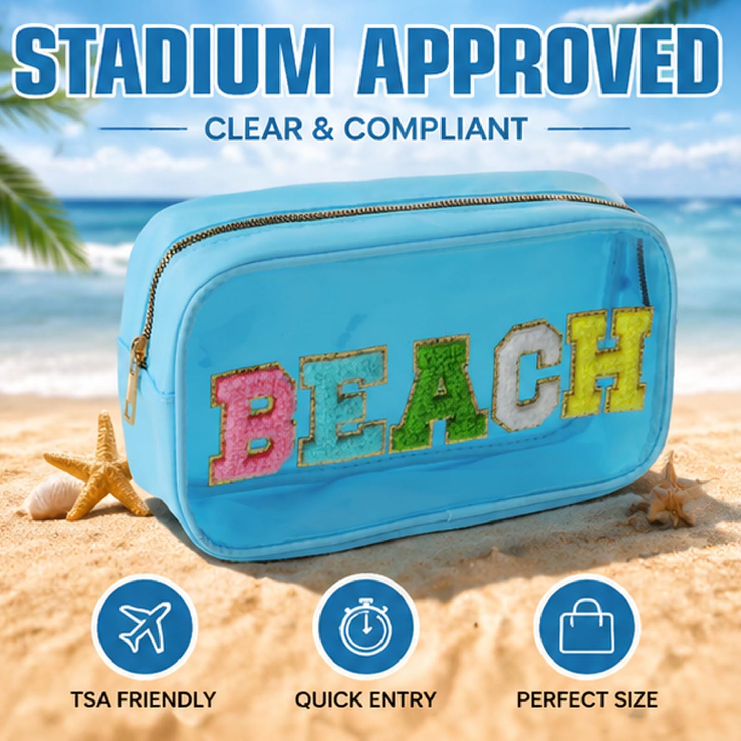TRIP TIGER Women Clear Beach Makeup Bag with Chenille Letters-PVC Waterproof Visible Cosmetic Sunscreen Organizer for Pool, Swimming & Travel, Trendy Toiletry SPF Pouch