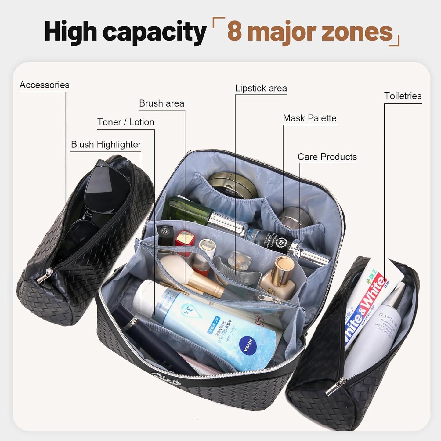 Travel Makeup Bags for Women - 3-Piece Vegan Leather Set | Waterproof Toiletry Organizer (L05 Black)