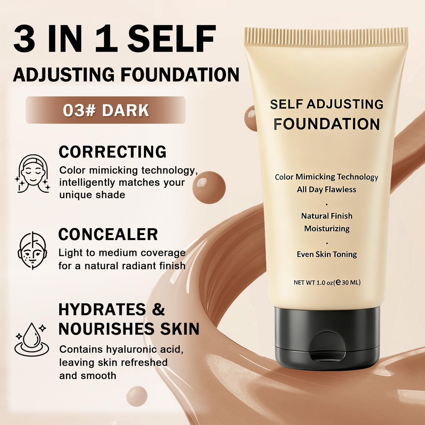UAOE Color Changing Foundation for Mature Skin,Color Self-Adjusting Foundation,Hydrating Foundation Makeup with Skincare-Infused,Lightweight Coverage Base De Maquillaje,1.01 FL.OZ - 03 Dark
