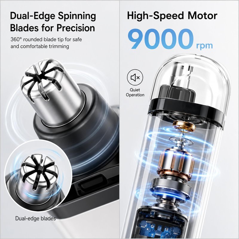NumberGlow Nose and Ear Hair Trimmer for Men and Women Electric Nose Clipper with USB and LED Power Display, Water-Resistant Dual-Edge Blades Gentle Grooming for Travel