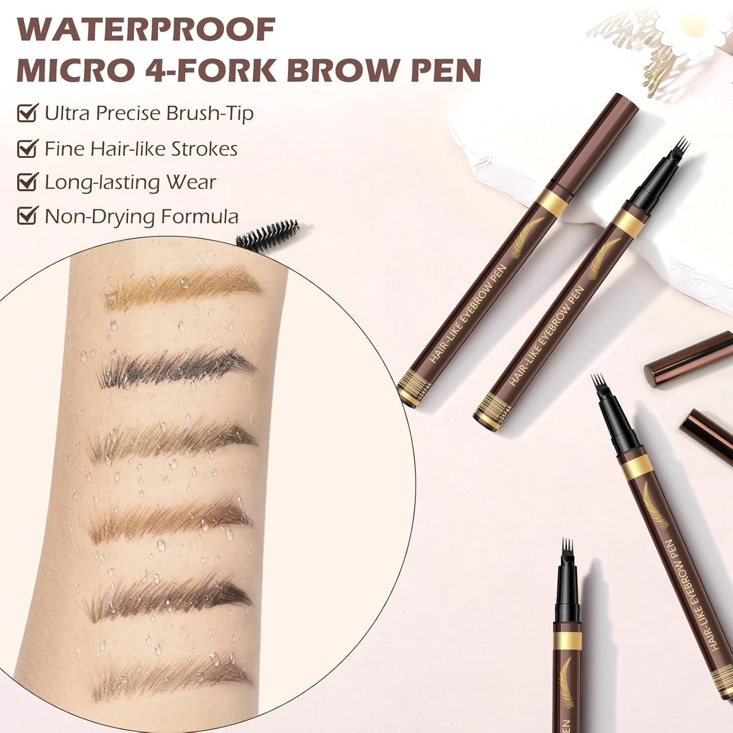 Microblading Eyebrow Pen Set - Waterproof 4-Tip Precision Pencils with Brushes | Light Brown