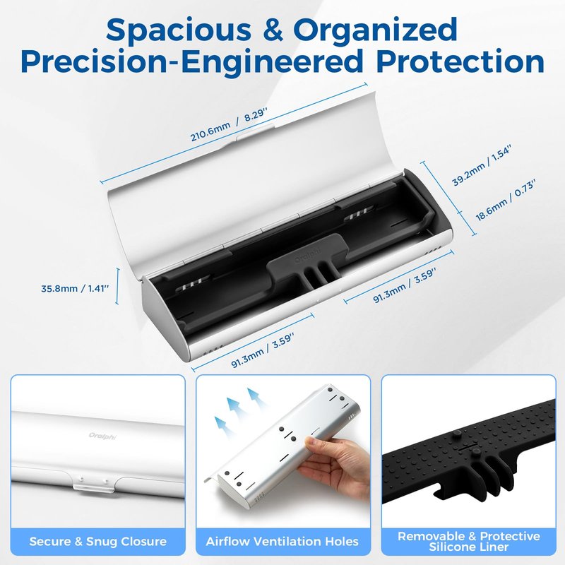 Oralphi Aluminum Electric Toothbrush Travel Case, 2 in 1 Travel Toothbrush Holder for Oral B/Oral-B Pro 1000 1500 5000 7000 and Most Electric Toothbrush for Traveling, Removable Silicone Liner-Silver