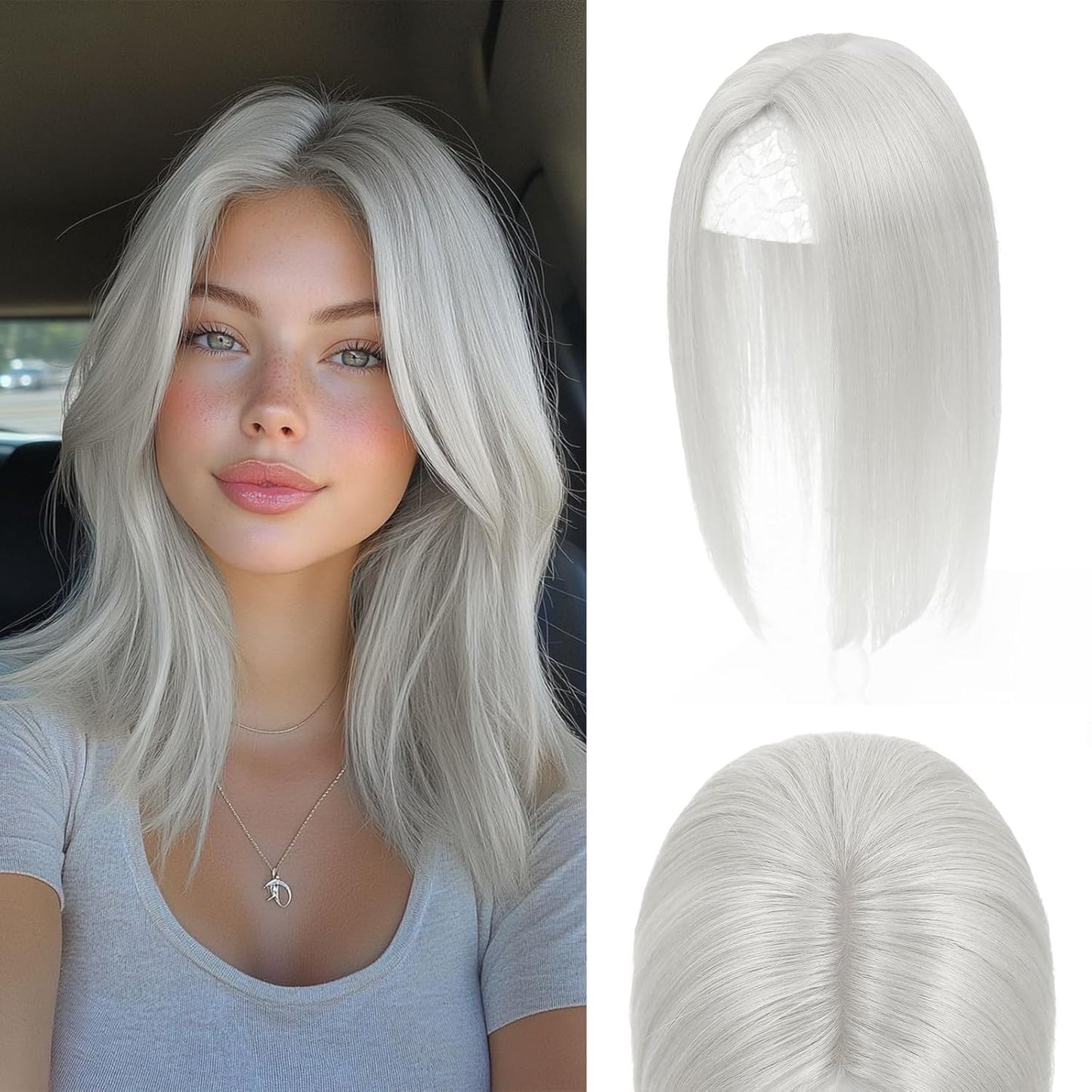 Hair Toppers for Women - Real Human Hair 360° 3D Hairpieces with Wispy Clip-In Bangs | Natural Scalp Line (Black)