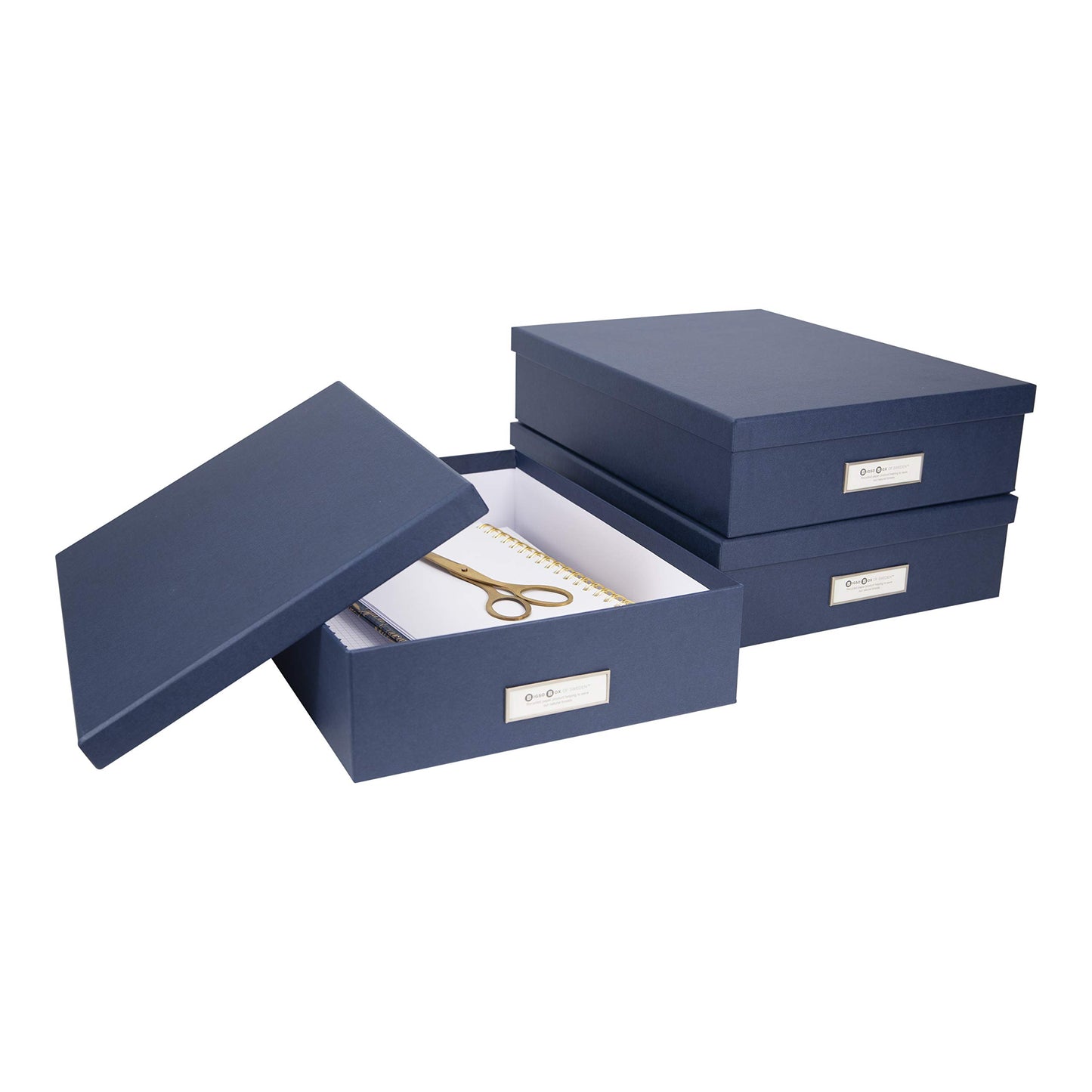 Bigso Oskar Fiberboard Label Frame Document Letter Box - File Organizer Box for Important Paperwork - Document Storage with a Lid & Metal Label Window - 3.3 in x 10.2 in x 13.8 in - Dark Blue