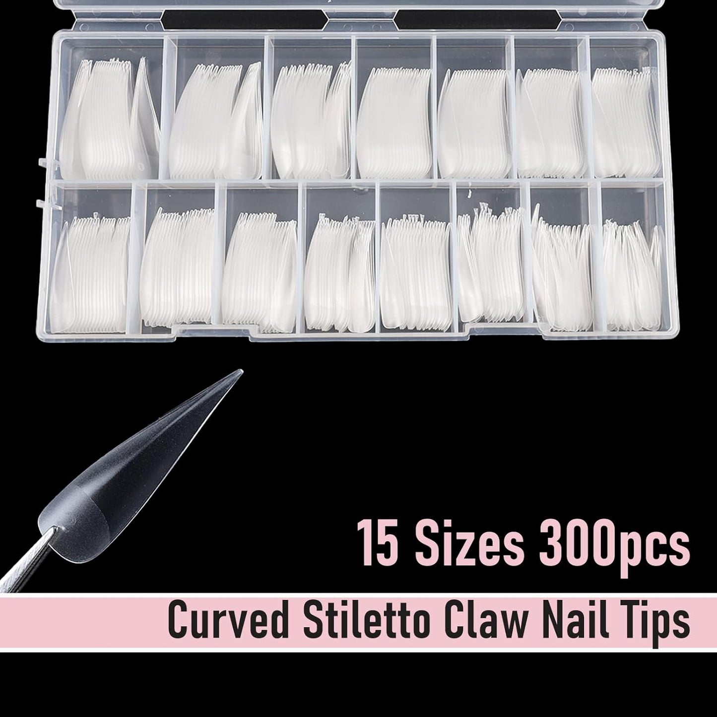 Long Curved Stiletto Nail Tips - 300 Pcs XXL Dragon Claw Full Cover Acrylic Nails | 15 Sizes for Nail Art Design