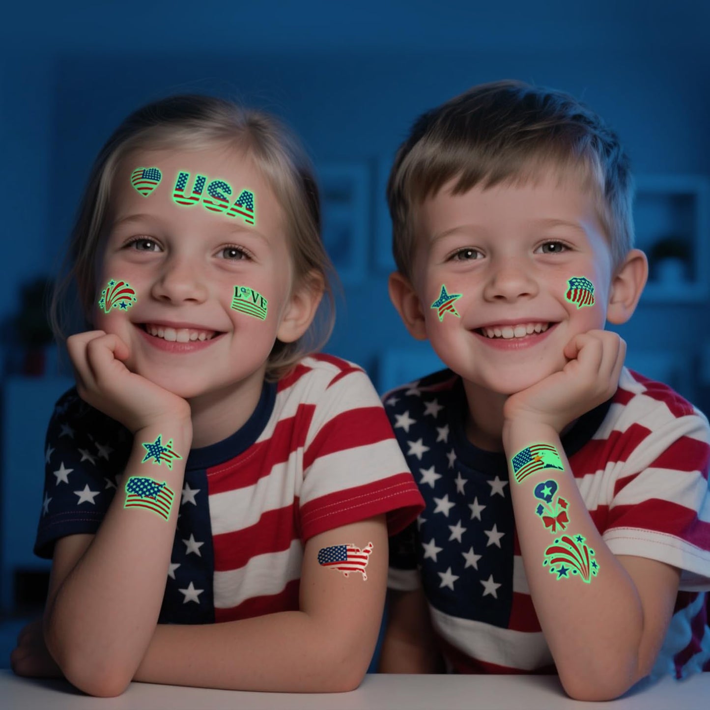 Awinmay 80 Pcs Luminous 4th of July Temporary Tattoos for Kids, American Flag Red White and Blue Decor, Fourth of July, USA Party Favors, Memorial Day, Independence Day, Labor Day Glow Party Supplies