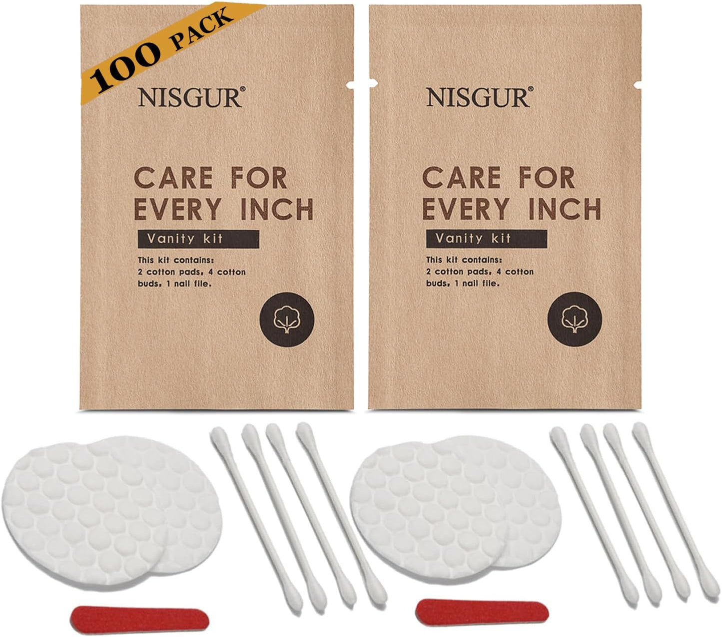 Cotton Pad & Swab Nail File Kit - 100 Individually Wrapped Hotel Vanity Supplies