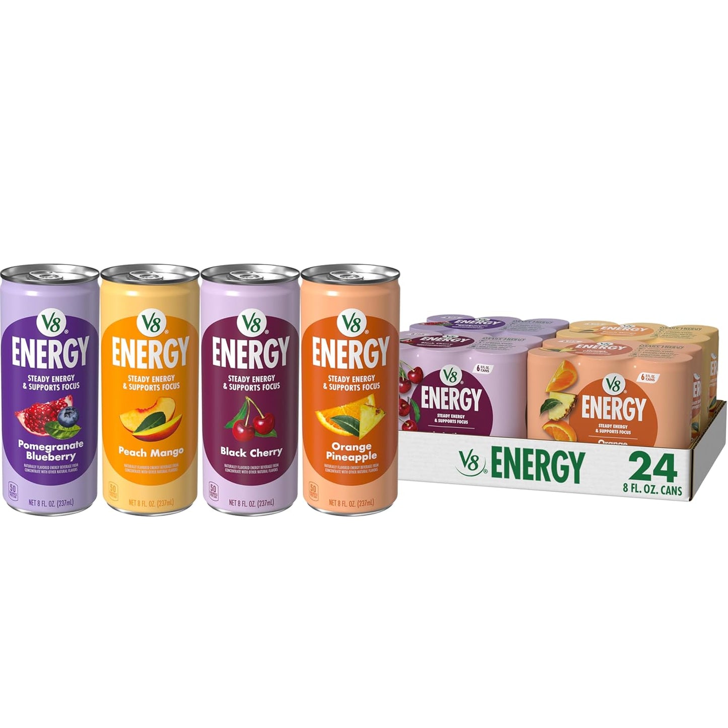 V8 Energy Peach Mango Energy Drink - 8 Fl Oz Can | 24 Pack of Refreshing Energy Boost