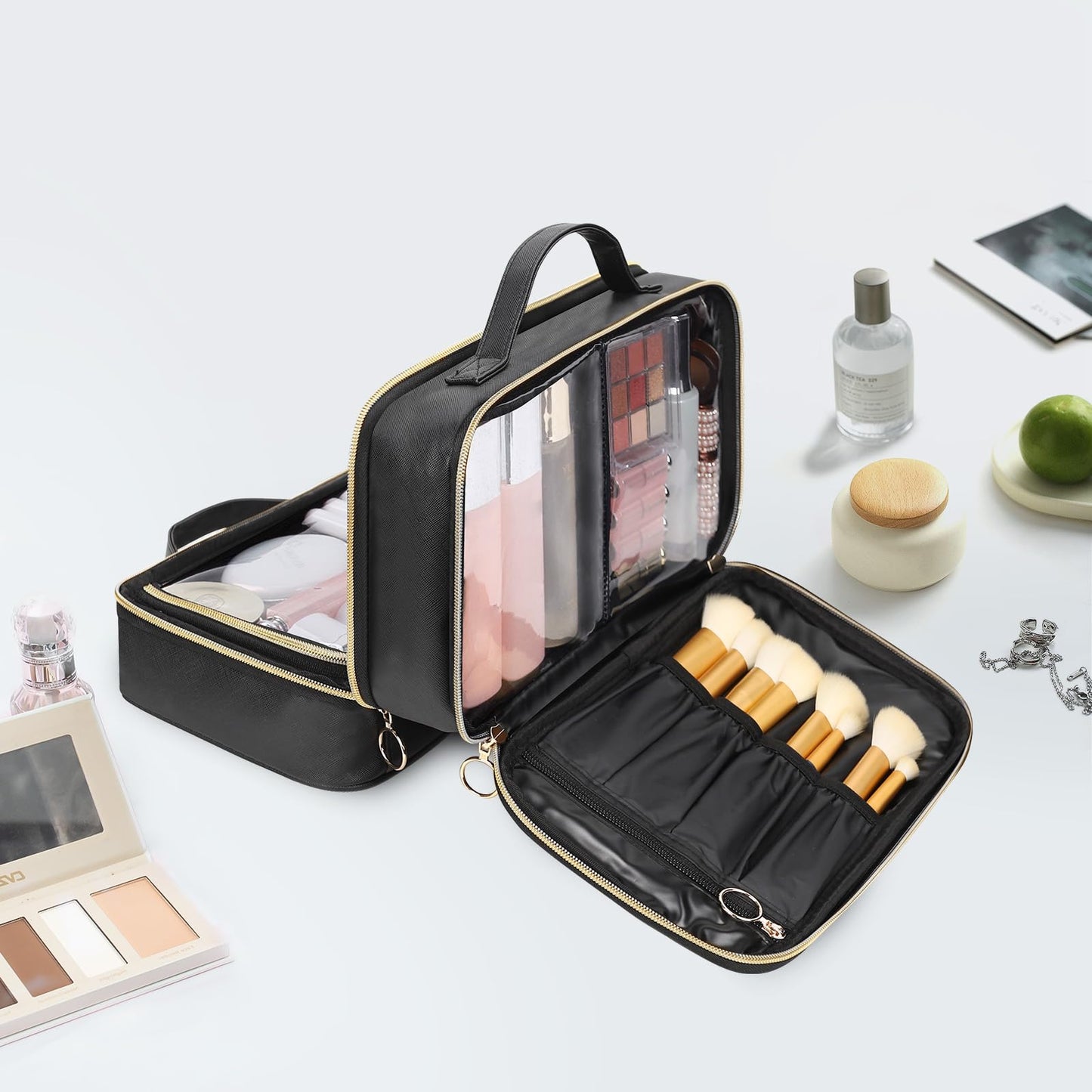OCHEAL Travel Toiletry Bag, Double Layer Clear Makeup Bag Organizer Large Capacity Cosmetic Bag for Traveling Women Beauty Essentials, Multiple Compartments Makeup Case- Black