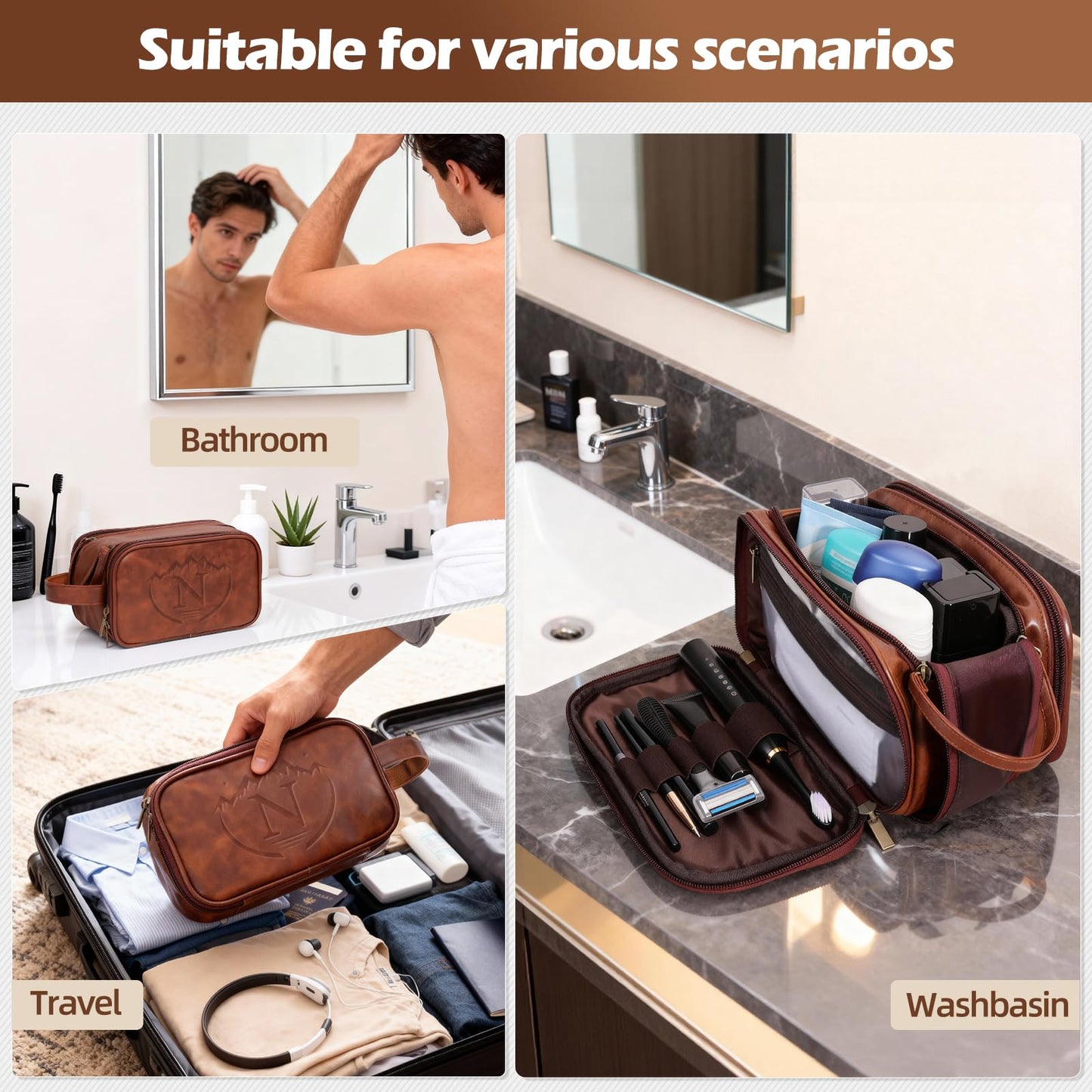 Personalized Groomsmen Gifts Travel Toiletry Bag for Men, Engraved Monogrammed Initial PU Leather Water-Resistant Shaving Bag, Traveling Essentials for Adults Man Dad Husband Boyfriend Groomsmen,N