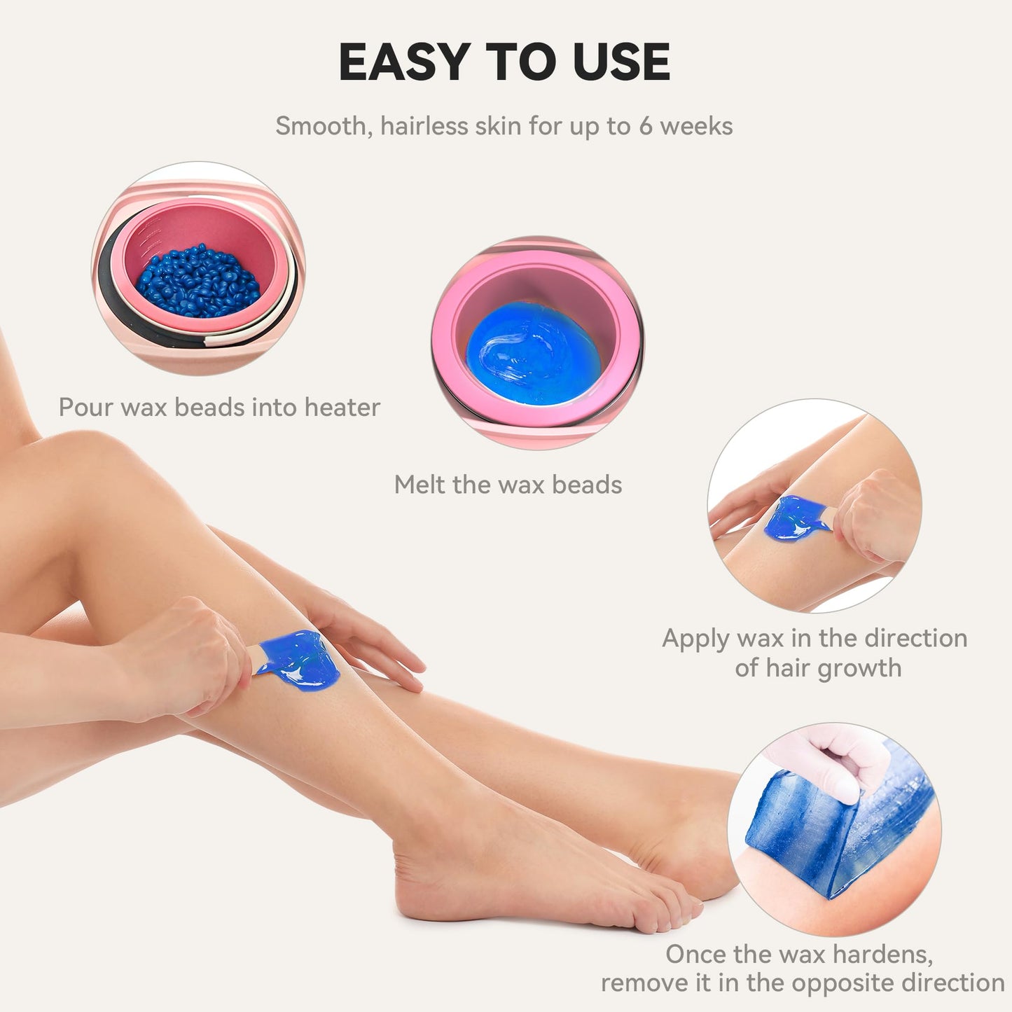 Waxing Kit for Women Men, Digital Wax Kit with Silicone Bowl & 4 Bags Hard Wax Beads, Portable Wax Warmer for Sensitive Skin Full Body Hair Removal, Brazilian Bikini, Eyebrow, Face (Pink)