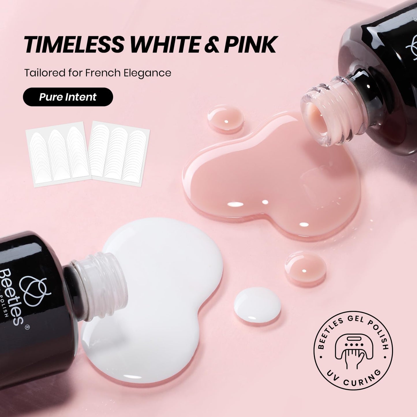 Beetles French Tip Gel Polish Set - White Nude Pink French Manicure Kit with 2 Nail Art Sticker, Soak Off UV LED for DIY Home & Salon Gift for Women